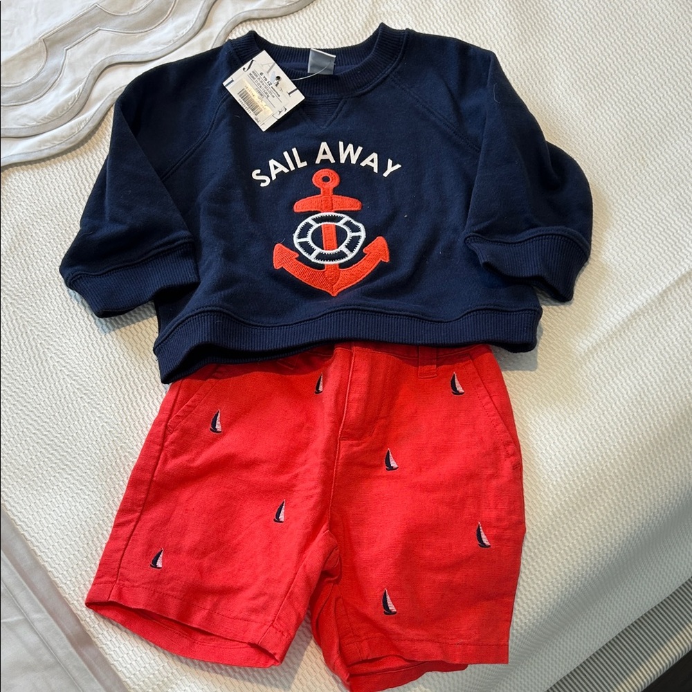 NWT JANIE AND JACK Navy Sail Away Sweatshirt and Red Shorts Set